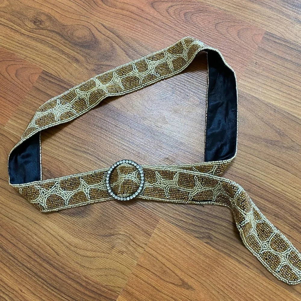 Beaded Brown Animal Print Belt with around Rhinestone Buckle Size Large